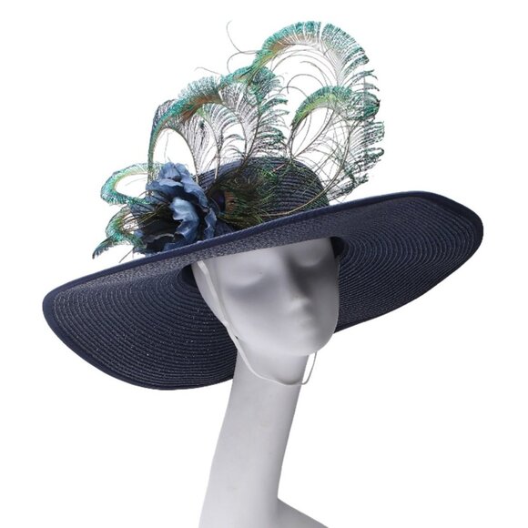 Large Brim Hat Peacock Feathers Floral Queens Plate Horse Race Summer Parties - Picture 12 of 12